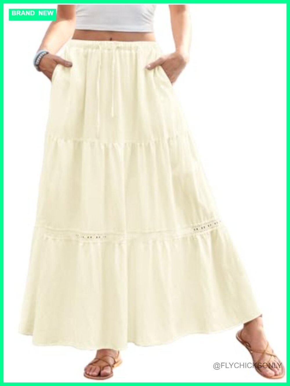 Women's Boho Lace Trim Tiered A-Line Maxi Skirt with Pockets